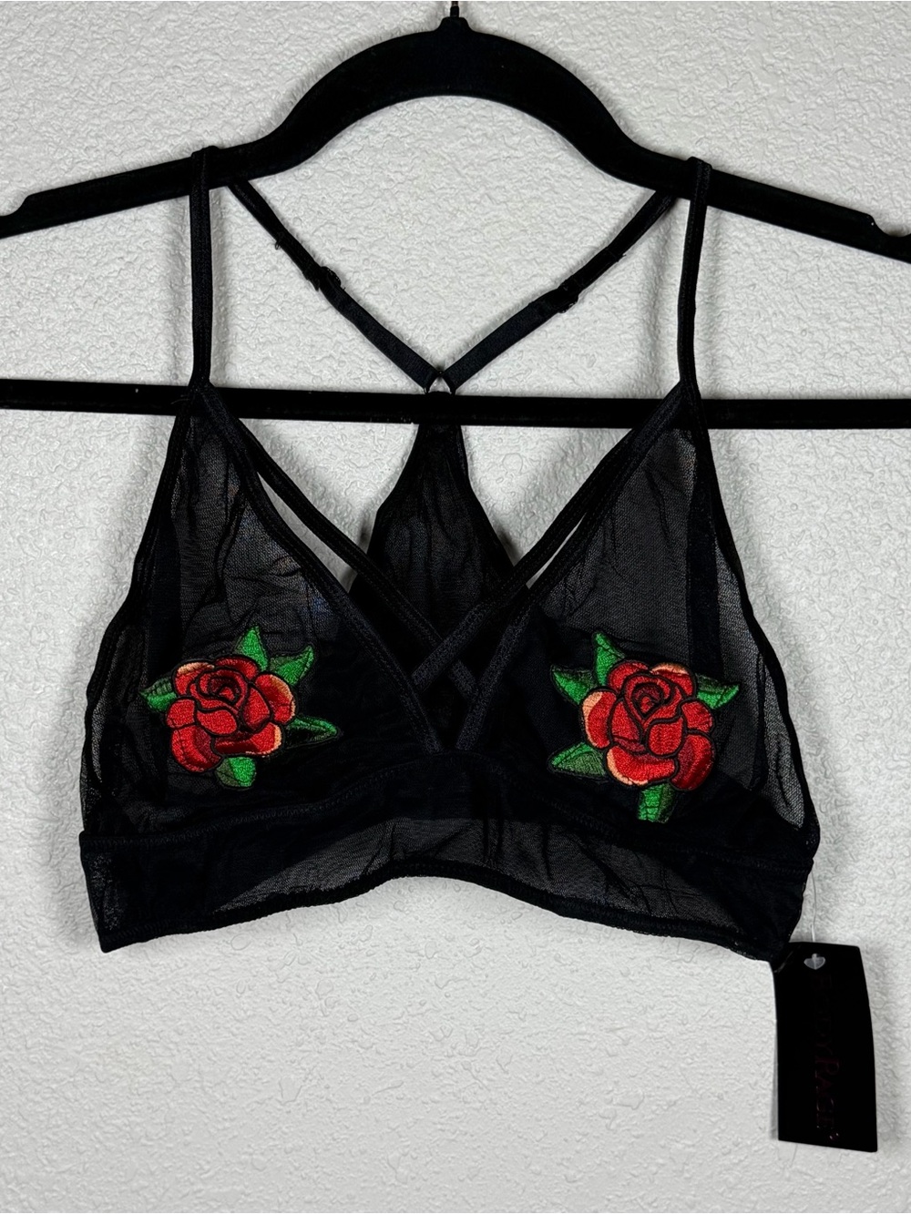 NWT Women’s Black Sheer Mesh Rose Embroidered Bralette Bra Wireless Unlined S/M